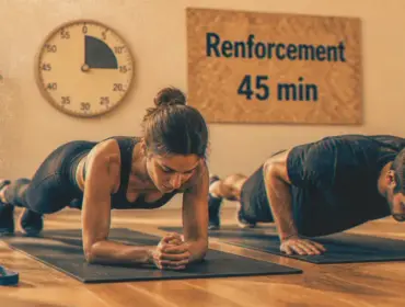 Seance de renforcement musculaire sans matériel : gainage et pompes sur tapis