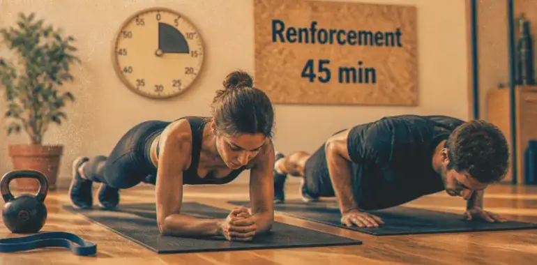 Seance de renforcement musculaire sans matériel : gainage et pompes sur tapis