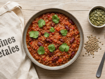 Sources de proteines vegetales : chili au quinoa, lentilles et graines