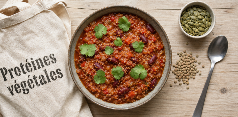 Sources de proteines vegetales : chili au quinoa, lentilles et graines