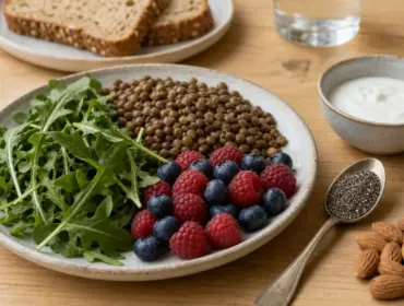 Aliment riche en nutriment : assiette de roquette, lentilles, baies et chia