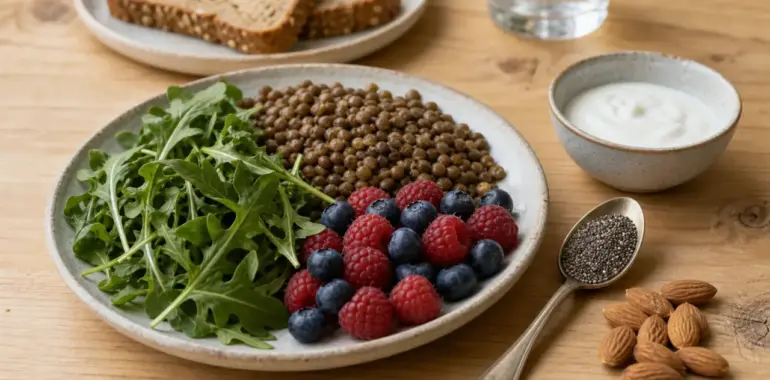 Aliment riche en nutriment : assiette de roquette, lentilles, baies et chia
