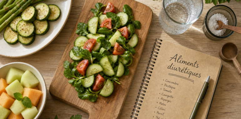 Aliments diurétiques et rétention d’eau, verre d’eau et légumes