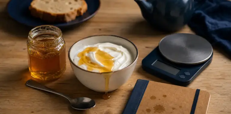 Calories dans le miel : pot de miel et cuillère, kcal pour 100 g