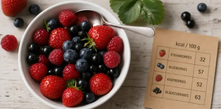 Calories fruits rouges : baies fraîches en bol, apports nutritionnels