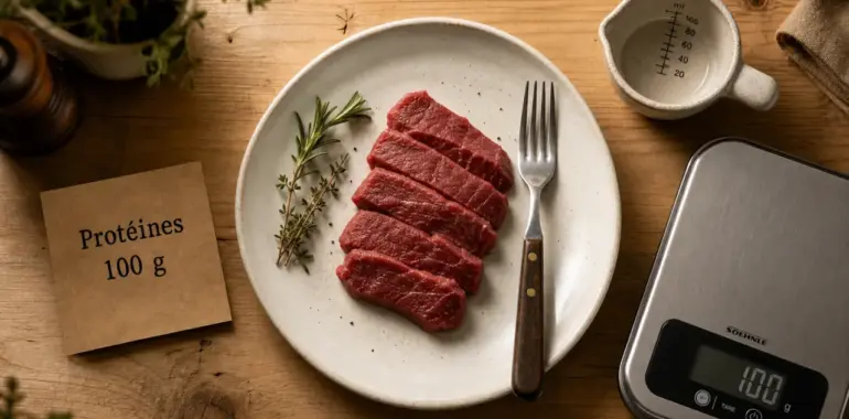 Combien de proteine dans 100g de viande rouge : rumsteck, portion 100 g