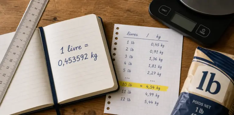 Convertir les livres en kilo : 1 lb = 0,453592 kg, tableau de conversion