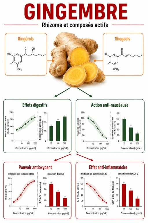Propriété gingembre : schéma des effets digestifs, anti-nauséeux et anti-inflammatoires