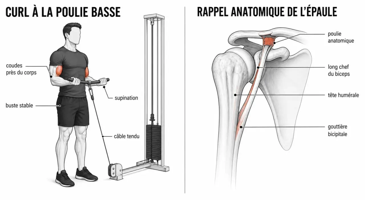 Poulie biceps : schéma d’un curl à la poulie et rappel anatomique de l’épaule