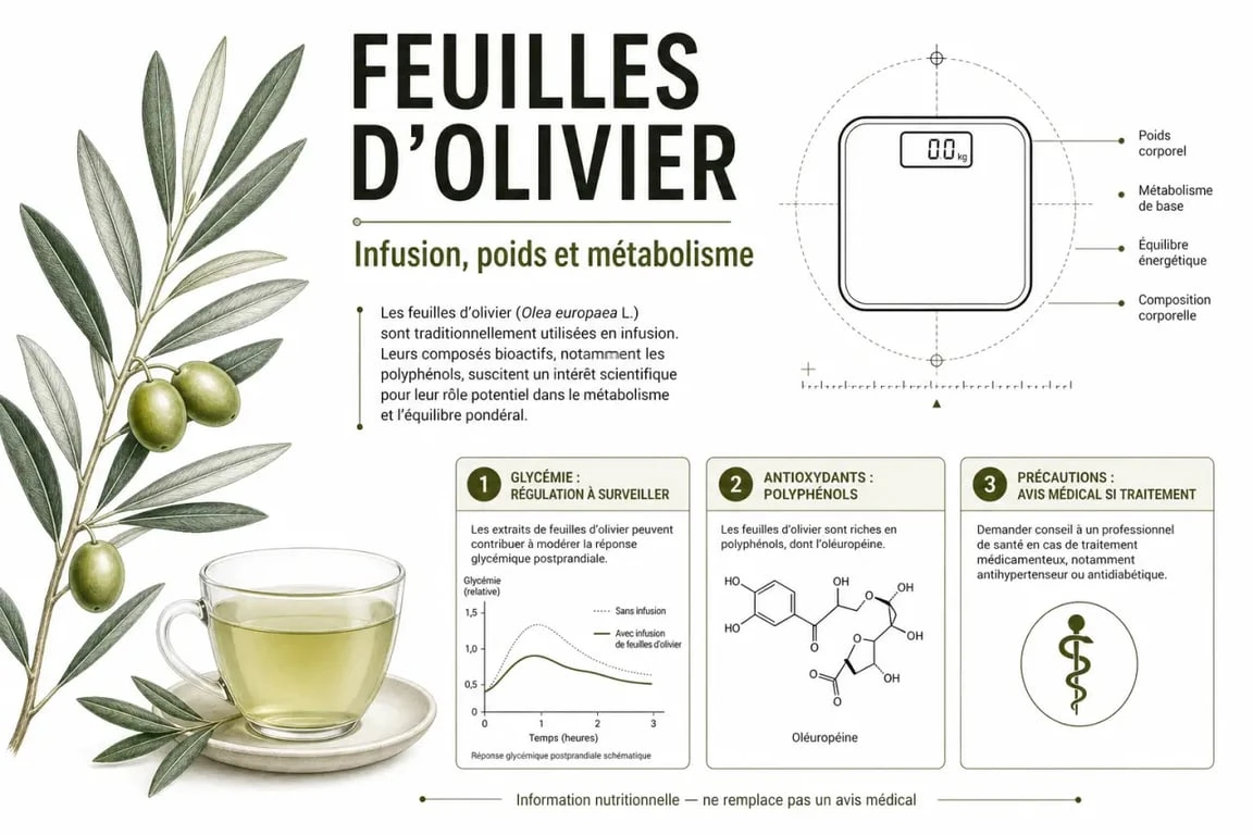 Feuilles d’olivier et perte de poids : infographie sur les mécanismes, la forme d’usage et les précautions