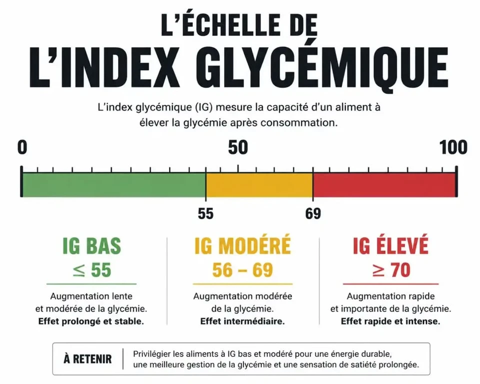 Infographie des seuils de l'index glycémique pour une alimentation équilibrée et le contrôle du tableau IG.