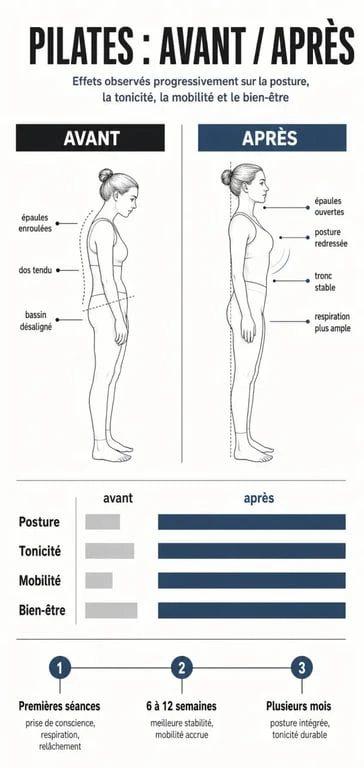 Infographie pilates avant après montrant l’amélioration de la posture, de la tonicité et de la mobilité