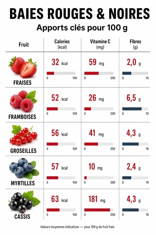 Infographie comparative des apports nutritionnels et calories des fruits rouges