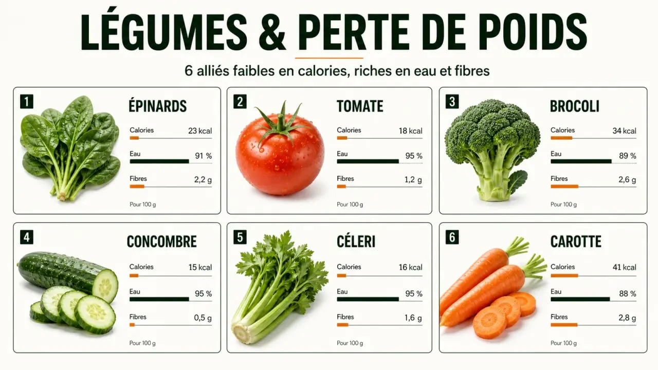 Quel légume pour maigrir vite : infographie comparant épinards, tomate, brocoli, concombre, céleri et carotte selon calories, fibres et teneur en eau
