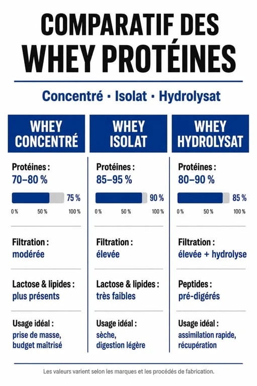 Infographie comparative des types de whey protéine : concentré, isolat et hydrolysat pour comprendre pourquoi prendre de la whey
