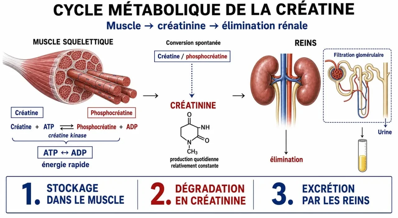 Schéma explicatif de la différence entre créatine et créatinine pour la santé