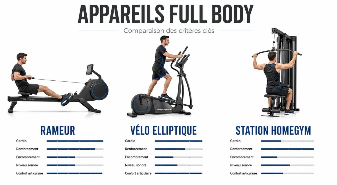 Comparatif de l'appareil de sport qui fait travailler tout le corps entre rameur, vélo elliptique et station homegym