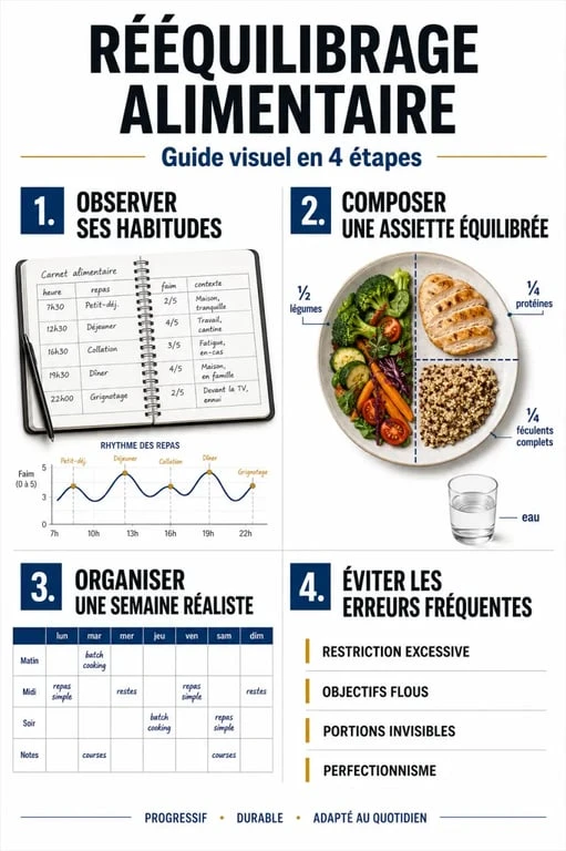 Comment faire un rééquilibrage alimentaire : schéma des 4 étapes pour démarrer