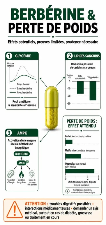 Infographie sur la berbérine perte de poids, ses mécanismes, ses limites et ses risques