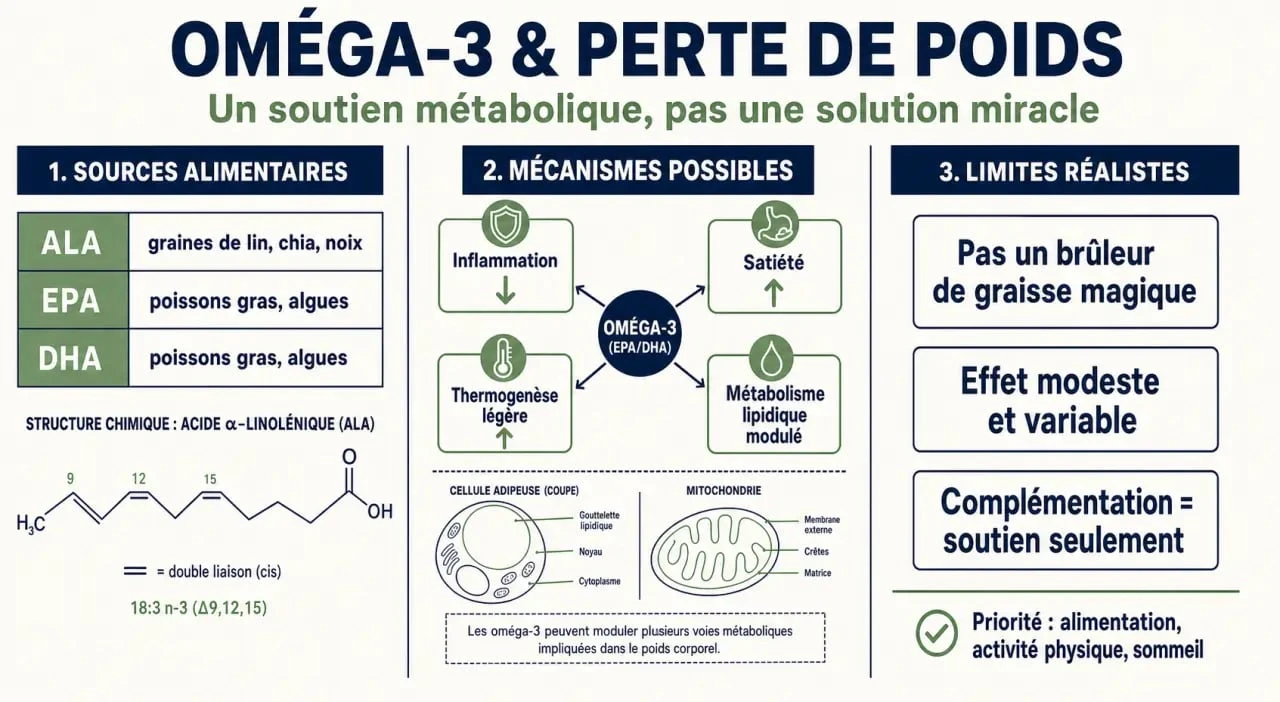Infographie sur les oméga 3 et perte de poids montrant les sources, les mécanismes et les limites réalistes