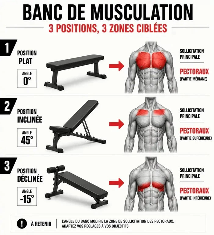 Schéma des positions d'un banc incliné pour musculation montrant les angles de travail des muscles