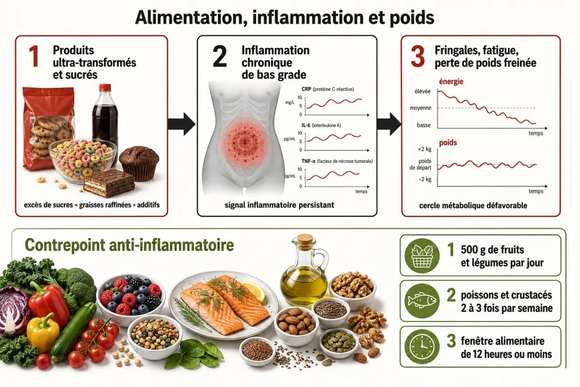 Régime anti-inflammatoire perte de poids : infographie éditoriale montrant les aliments à privilégier, les aliments à limiter et les repères clés