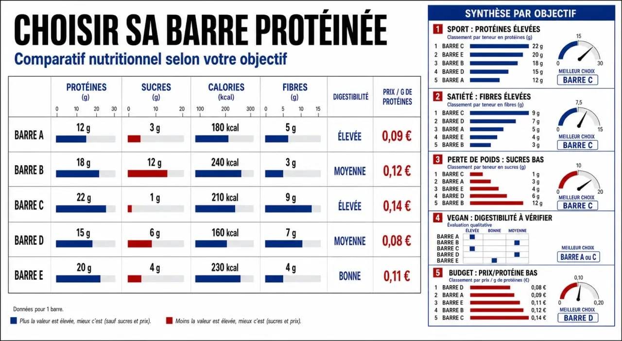 Comparatif des meilleures barres protéinées selon les protéines, les sucres, les calories, la digestibilité et le prix