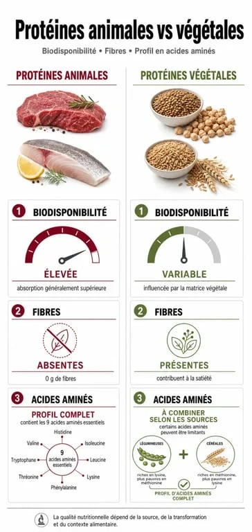 Infographie comparative des protéines végétales et animales : différences nutritionnelles et santé