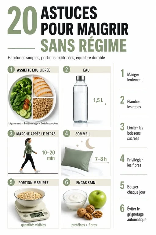 20 astuces pour maigrir sans regime illustrées par une infographie de gestes quotidiens pour perdre du poids sans frustration