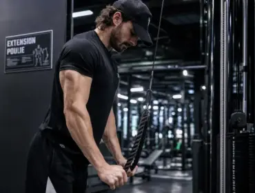 Extension poulie triceps, coudes serrés, amplitude complète