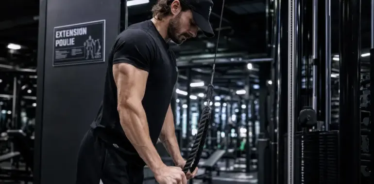 Extension poulie triceps, coudes serrés, amplitude complète
