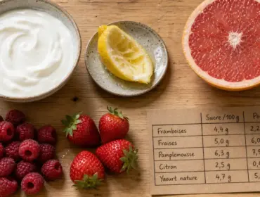 Fruits les moins sucrés : citron, framboise, fraise, kiwi, pamplemousse