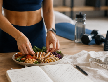 Femme prépare une assiette pour perdre du ventre et hanche, carnet habitudes et ruban à mesurer
