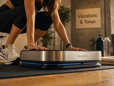 Plateforme vibrante bienfaits : tonification et meilleure circulation, en demi-squat sur tapis de sport