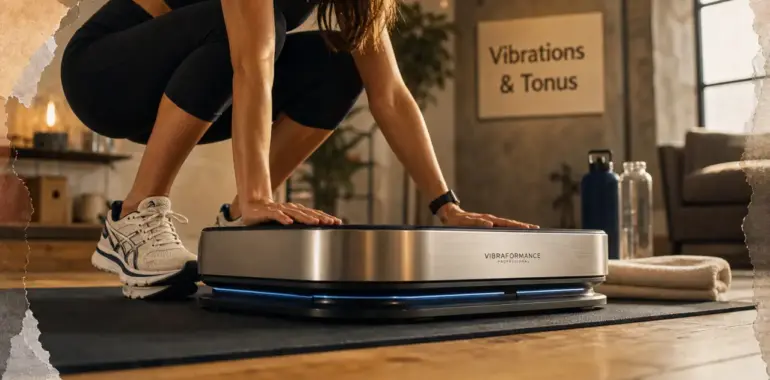 Plateforme vibrante bienfaits : tonification et meilleure circulation, en demi-squat sur tapis de sport