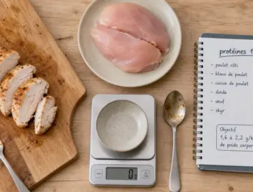 Proteine poulet cuit : conversion cru-cuit sur une balance