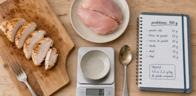 Proteine poulet cuit : conversion cru-cuit sur une balance