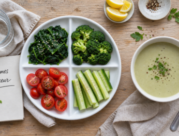 Quel légume pour maigrir vite : épinards, brocoli et tomates cerises en flat-lay