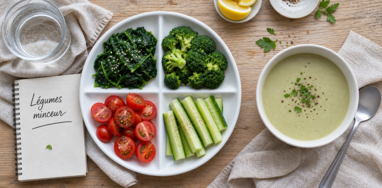 Quel légume pour maigrir vite : épinards, brocoli et tomates cerises en flat-lay