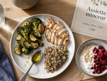 Quoi manger pour maigrir : assiette minceur protéines maigres et fibres (poulet, quinoa, légumes, skyr)