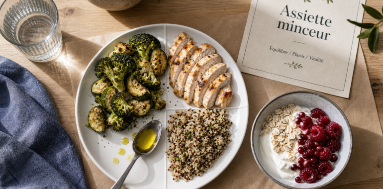 Quoi manger pour maigrir : assiette minceur protéines maigres et fibres (poulet, quinoa, légumes, skyr)