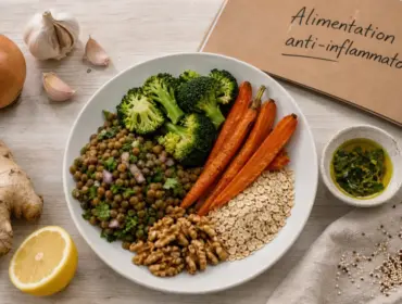 Assiette régime anti-inflammatoire perte de poids, salade lentilles et légumes