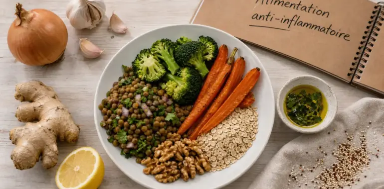 Assiette régime anti-inflammatoire perte de poids, salade lentilles et légumes