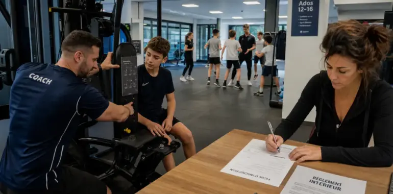 Salle de sport pour mineur 12 ans : coach encadre un jeune