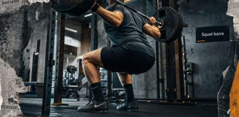 Squat barre : 10-15 répétitions à vide puis charge légère