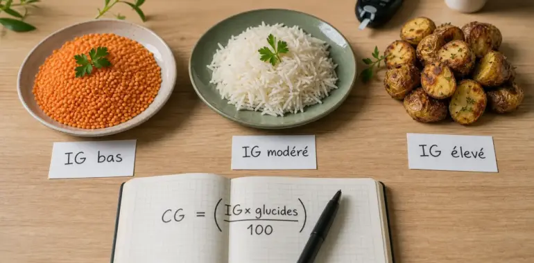 Tableau IG PDF pour stabiliser la glycémie : IG bas, modéré, élevé et calcul CG.