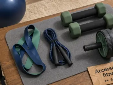 Accessoires fitness : tapis antidérapant, élastiques, corde à sauter et haltères