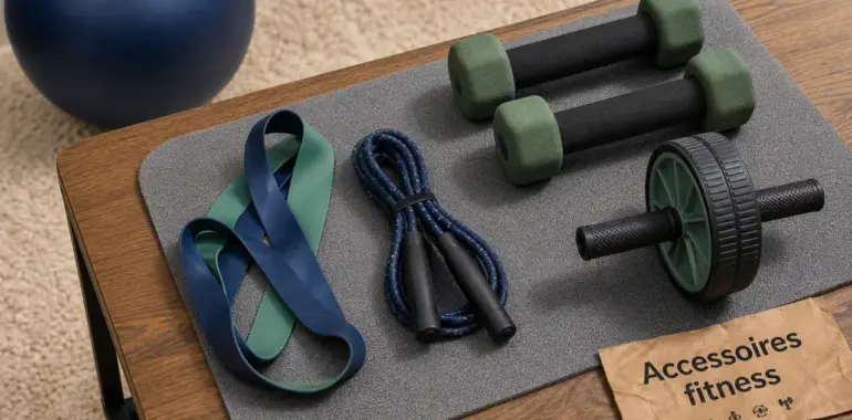 Accessoires fitness : tapis antidérapant, élastiques, corde à sauter et haltères
