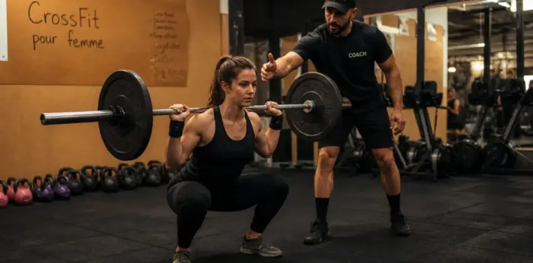 Crossfit pour femme : débutante en squat en sécurité