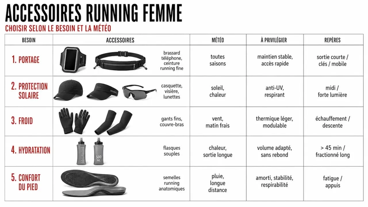 Infographie sur les accessoires running femme selon le besoin, la météo et le confort